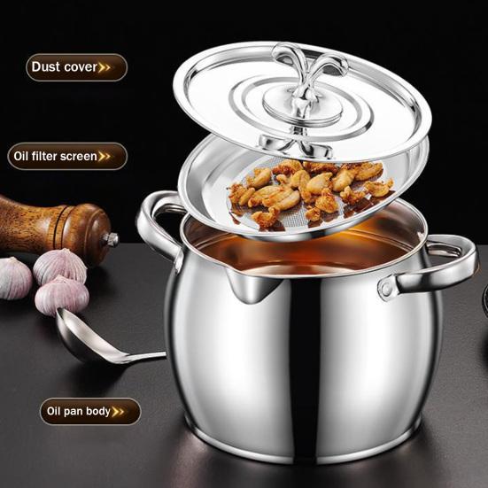 Stainless Steel Oil Pot with Double Handles And Strainer Large Capacity Oil Container with Lid Heat-Resistant Rust-Proof Multi-Purpose Kitchen Tool