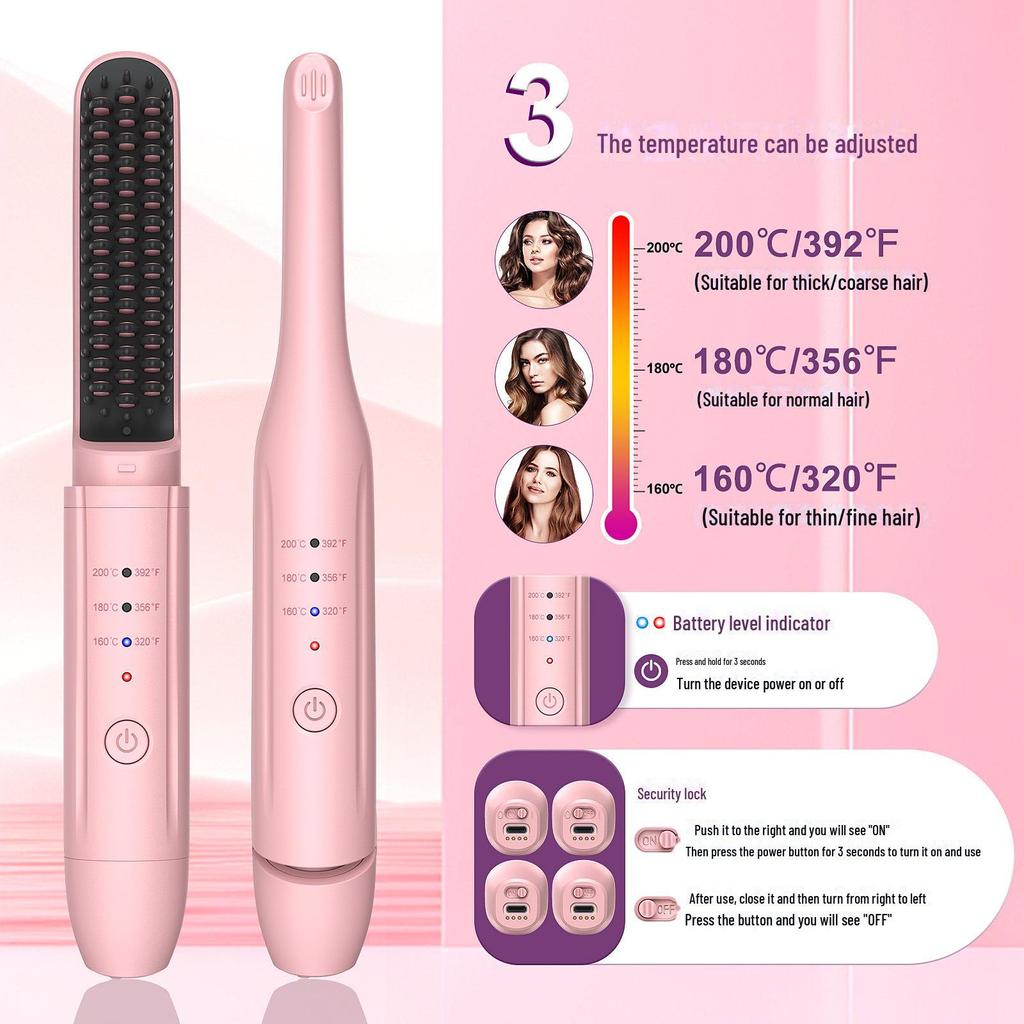 Korean Portable Ionic Hair Straightening & Curling Comb - Dual Purpose Wireless Set