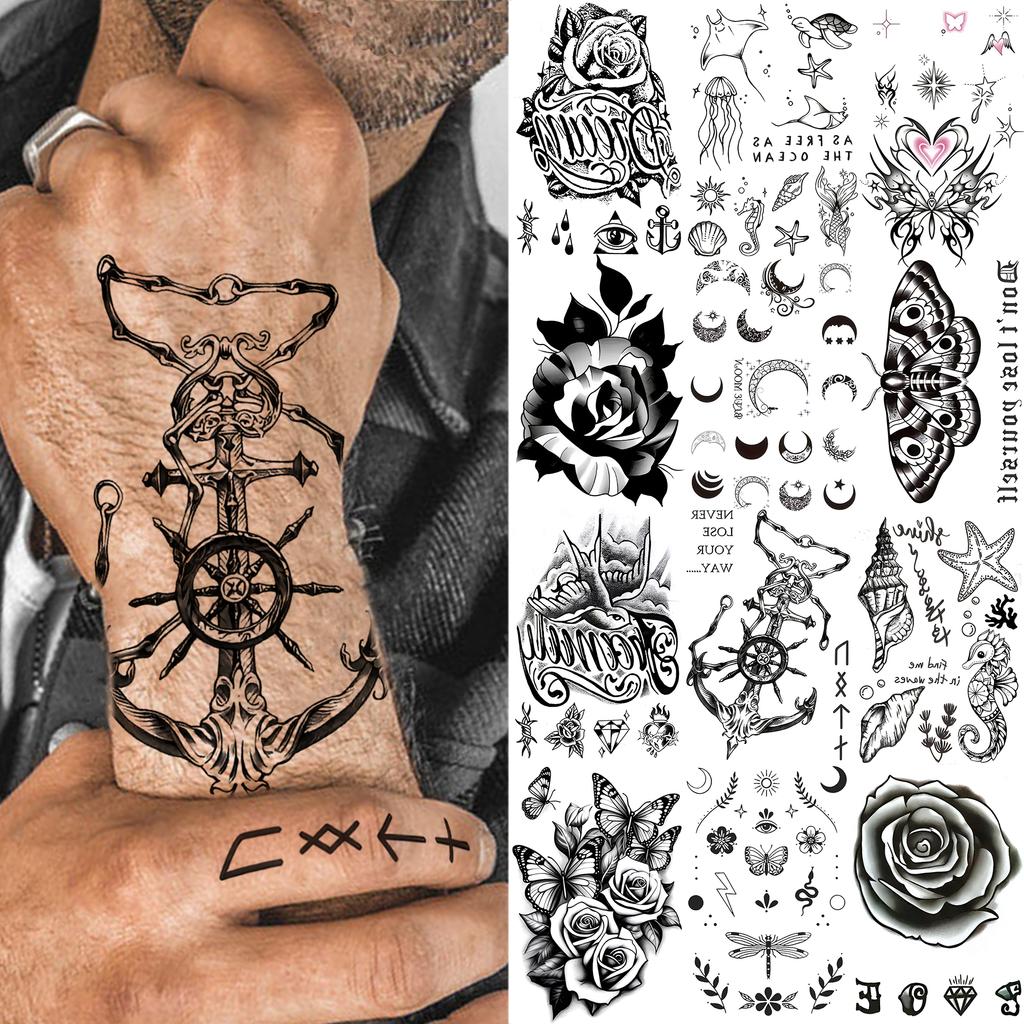 1 Sheet Ship Anchor Crescent Totem Rose Temporary Tattoos For Adult Hands Neck, Fake Tattoo Sticker Long Lasting Realistic Tatoo