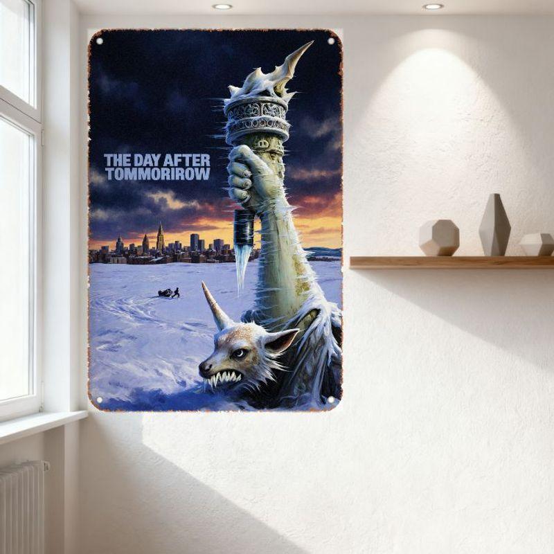 The Day After Tomorrow Movie Poster Metal Tin Sign, Statue of Liberty Frozen in Ice & Snow, Horror Monster Apocalyptic Scene Dec