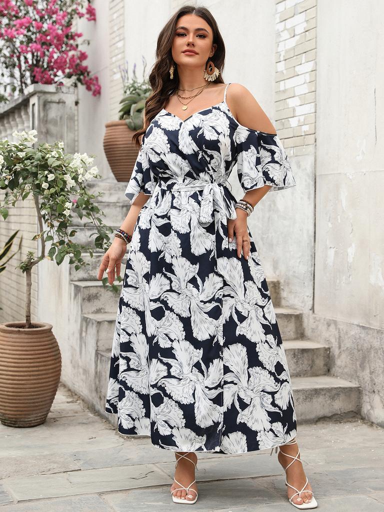 Independent research and development design, spring and summer new printing vacation style dress, suspender split skirt