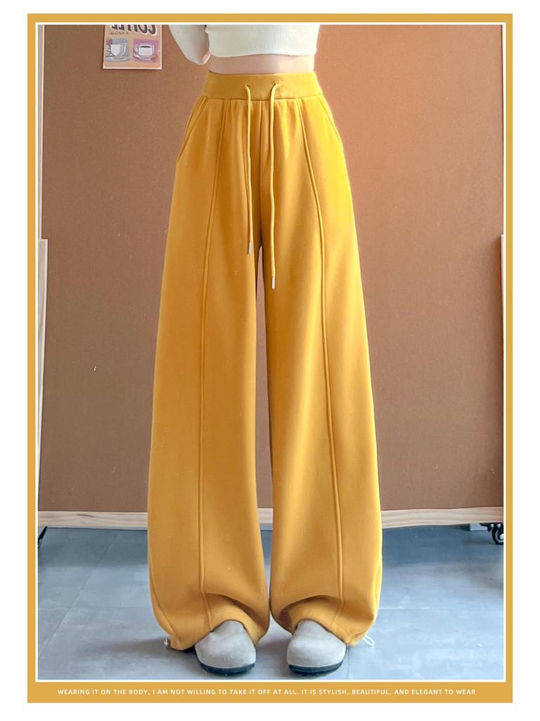 Women's Yellow Velvet Wide-Leg High-Waist Banana Pants - Autumn/Winter