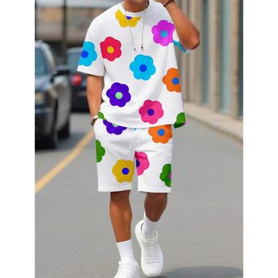 Herren Sommer Kurzarm Set Floral bedrucktes Rundhals T-Shirt Set Street Outdoor Atmungsaktives T-Shirt Kordelzug Shorts Set