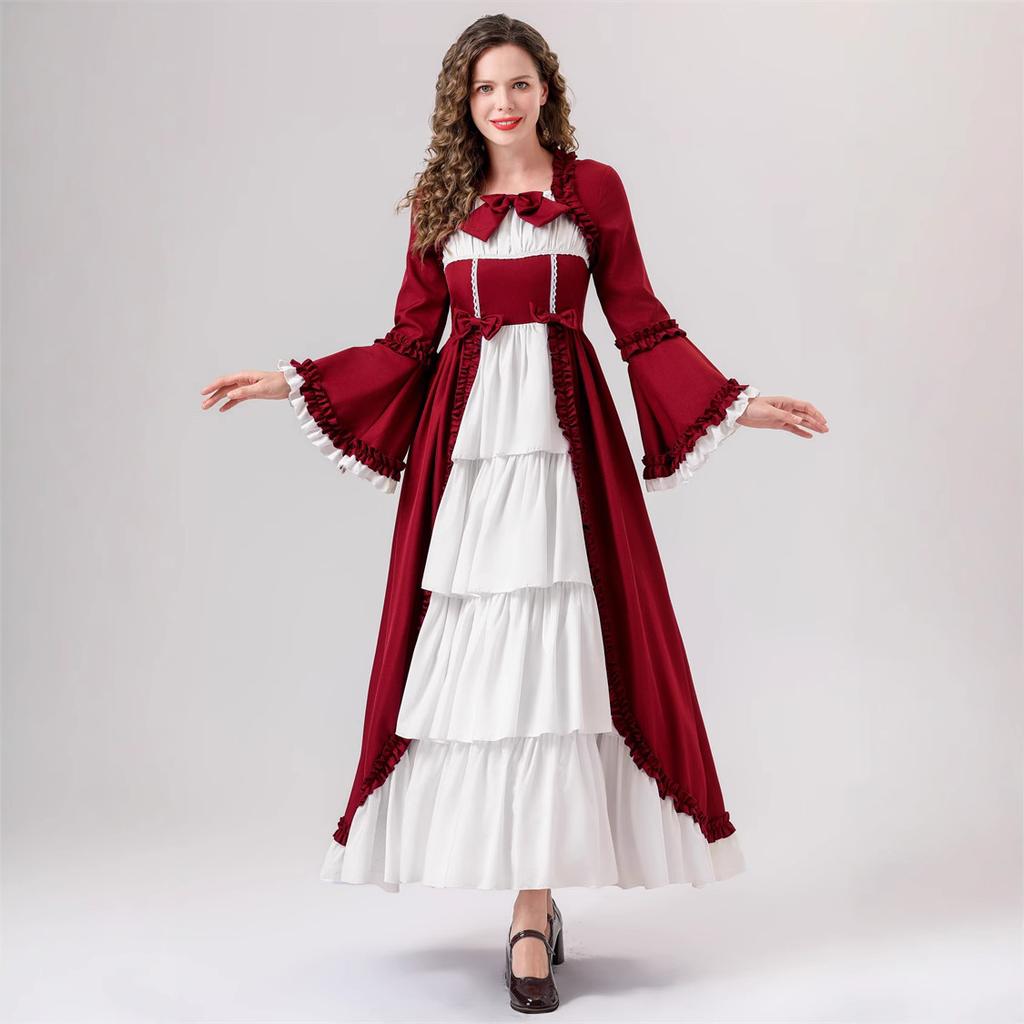 Halloween Medieval Vintage Court Dress Waist Splicing Bow Dress Performance Costume