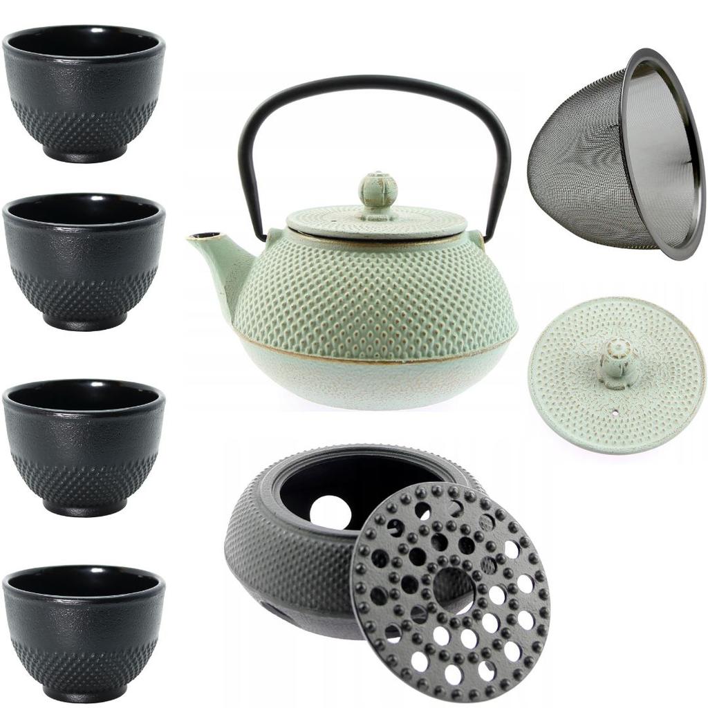 CAST IRON KETTLE 0.8L TEA POT WITH TEA INFILTER + 4x CUPS WARMER