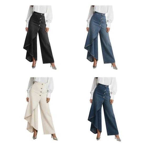 Flowy Jeans for Women High Waisted Asymmetrical Wrap Denim Pants Button Up Wide Leg