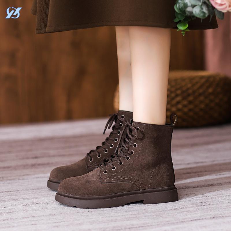 New Leather British Frosted Leather Women's Medium Heel Flat Short Women's Hole Martin Women's