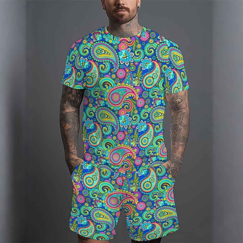 Men Full Black White Paisley Bandana Print Short Sleeve Tee And Matching Shorts Two Piece Outfit