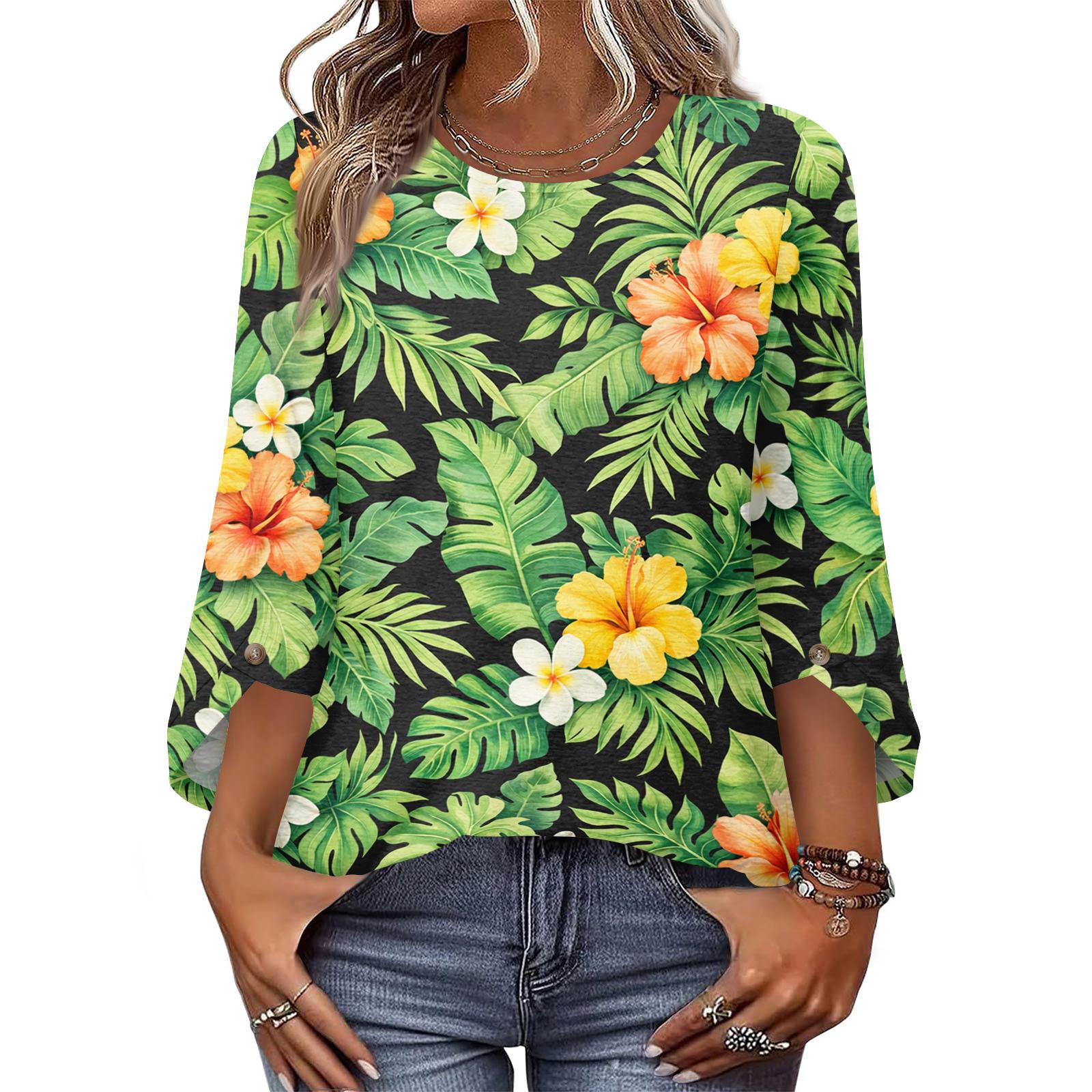 

Women’s Loose Fit Tree Print Three Quarter Sleeve Blouse Crew Neck Lightweight Casual Top for Daily Wear S