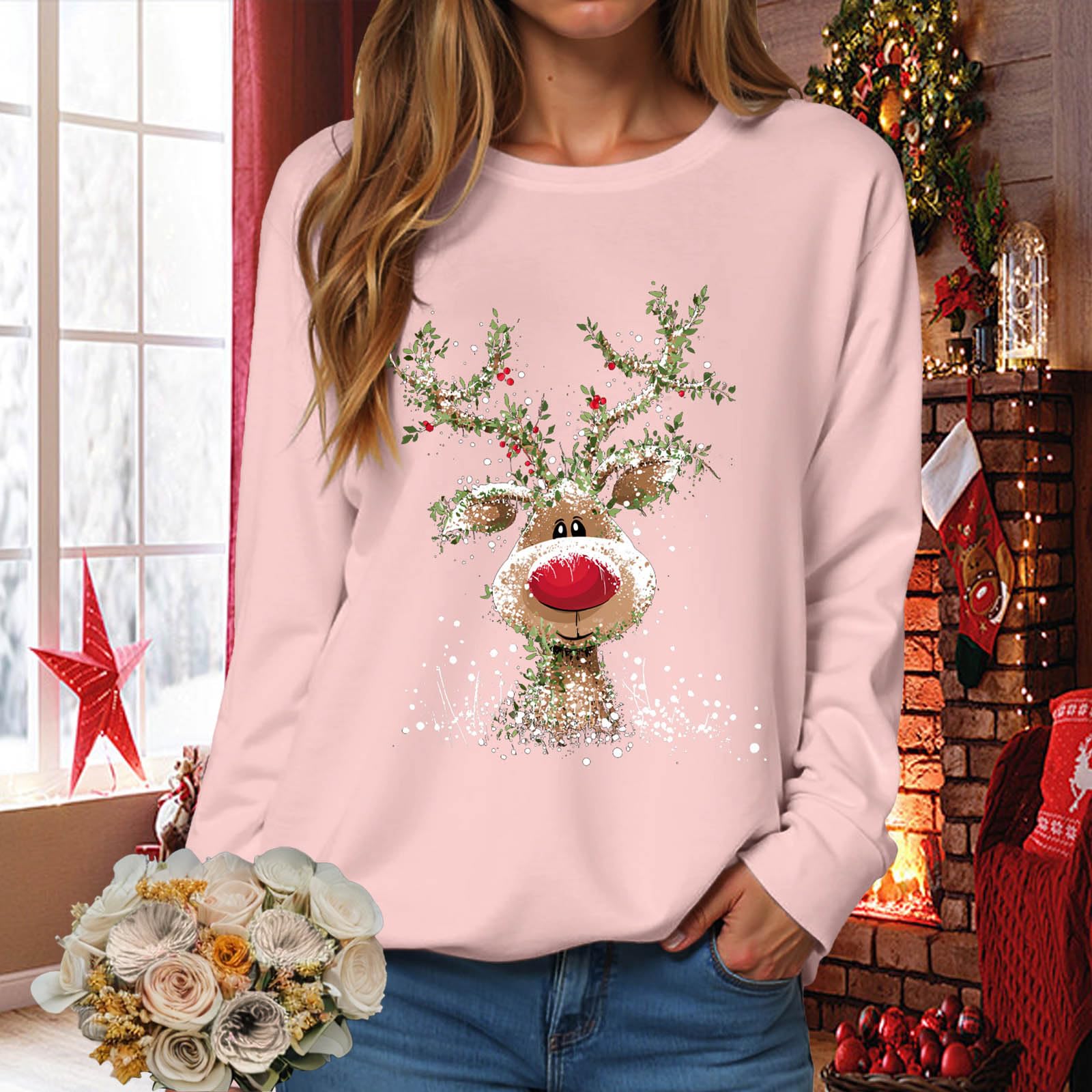 

Women s Fashionable Casual Long-Sleeved Loose-Fit Christmas Print Round-Neck Pullover Sweatshirt XXL