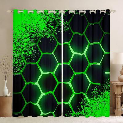 Rideaux Géométriques Imprimés Hexagones Nid d'Abeille Lumineux à 2 Panneaux Chambre Salle de Jeux Salon Cuisine Fenêtres Œillets Haut cortinas