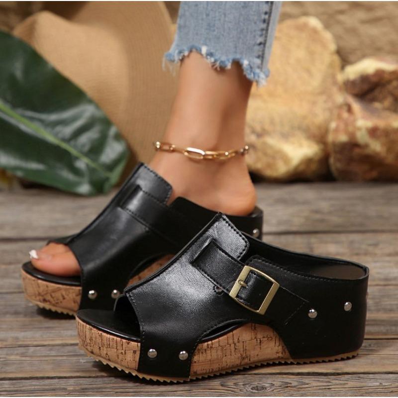 Damen Sandalen mit breiter Weite und Plateau, Peep-Toe Keilabsatz Pantoletten, Bequeme Sommer Hausschuhe für Damen