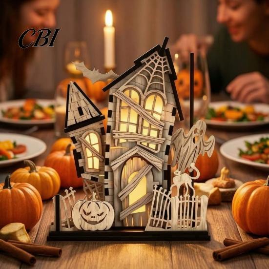Spooky Festival Interior Furnishing 3D Halloween Village Haunted House Figurine, Light Up Wooden Castle Ornament Assembled Model with Ghost