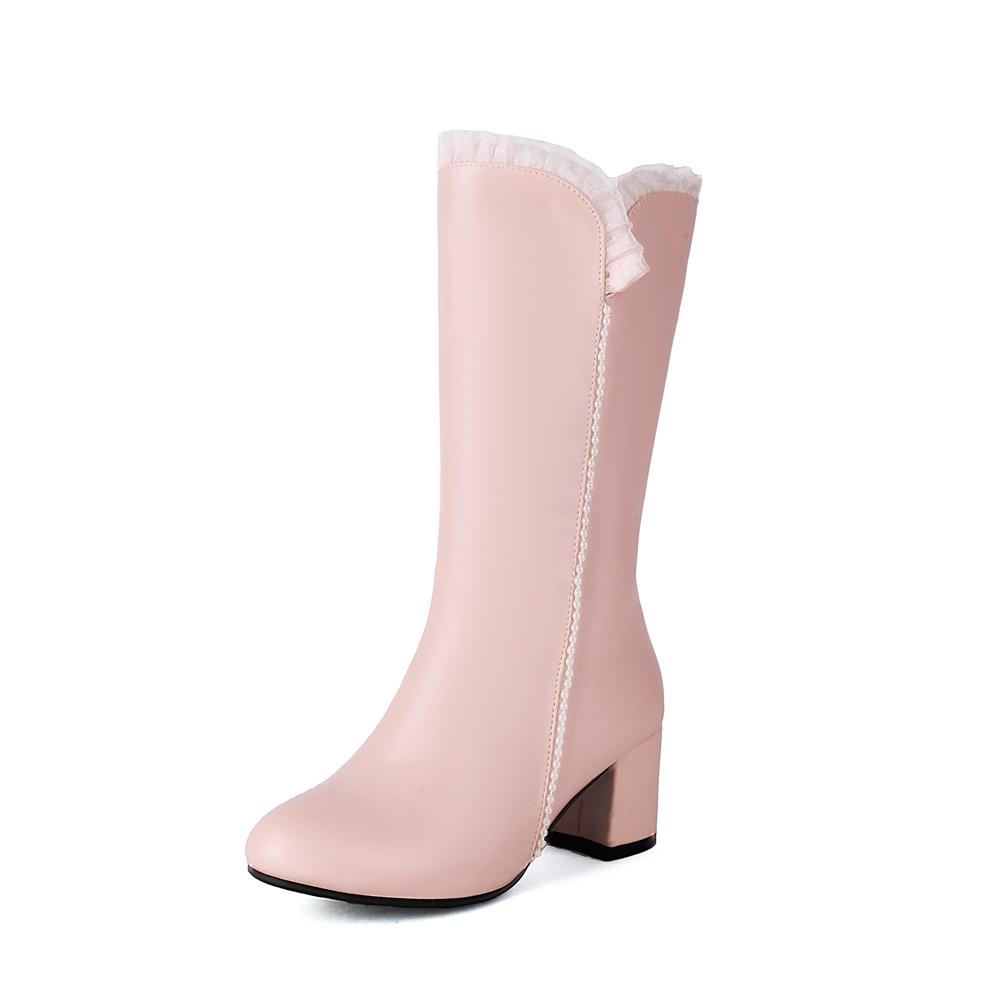 Fashion 2025 Spring Autumn Fashion Princess Lolita Wedding Party Shoes Mid Long Boots  White Pink Lace Zip Mid Long Mid Heels Boots Fema