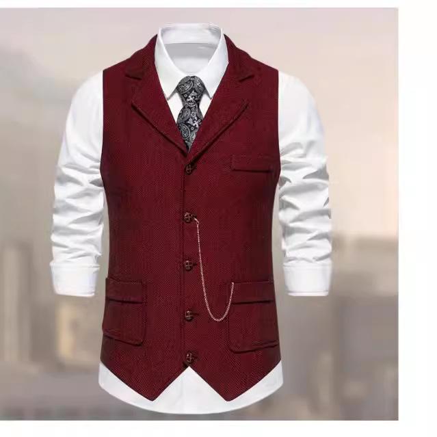 

Мужской твидовый жилет в европейском стиле 2025 года с винтажной цепочкой и узором «елочка» L