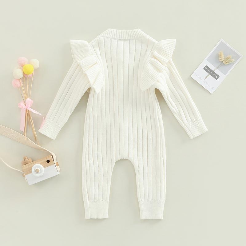 Baby Girl’s Knitted Long Sleeve Jumpsuit Solid Color Round Neck Button Long Romper