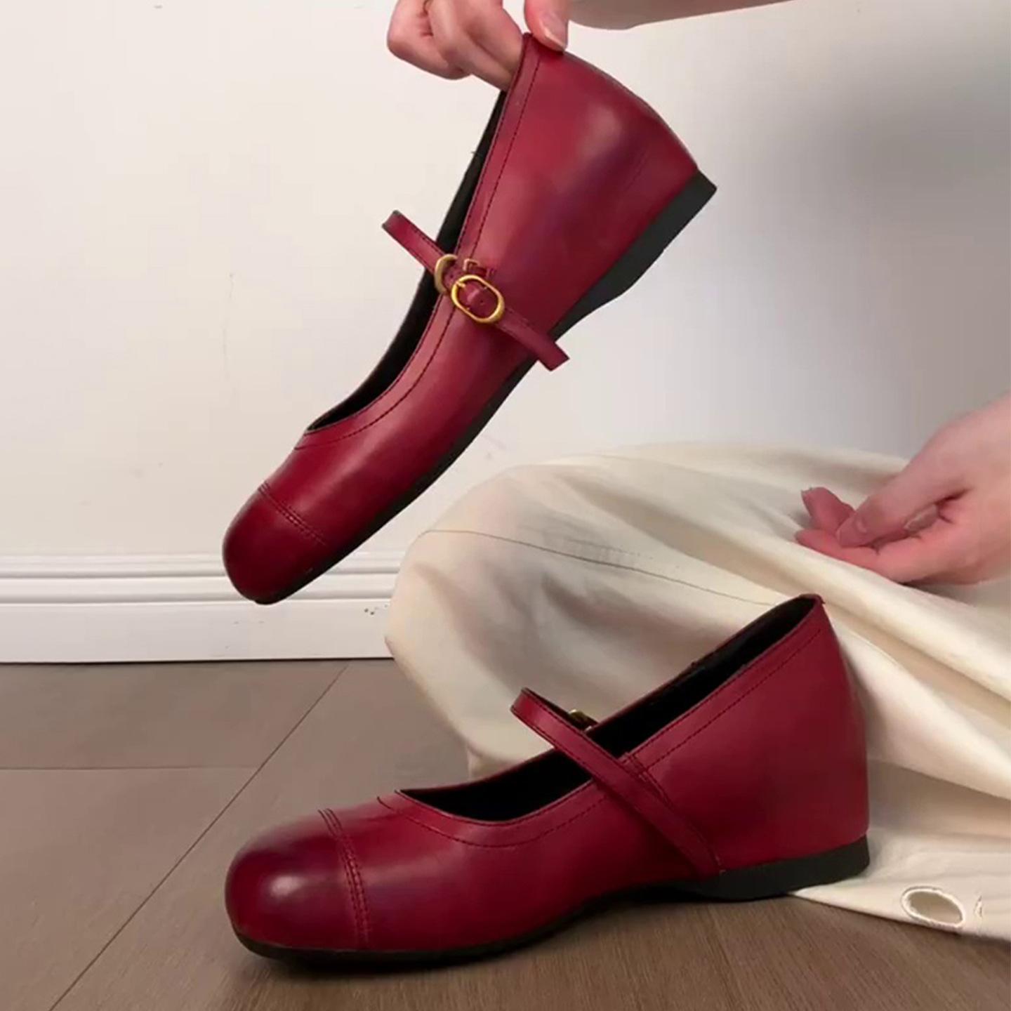 

Sheepskin version~ Round head French temperament one-word buckle with Mary Jane shoes commuting versatile shallow mouth inner height increase single s 40 бордовый