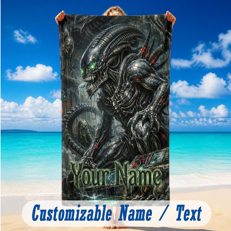 Beach Towel Custom Name Text, Quick Dry Large Towel For Beach HomeAlien Xenomorph