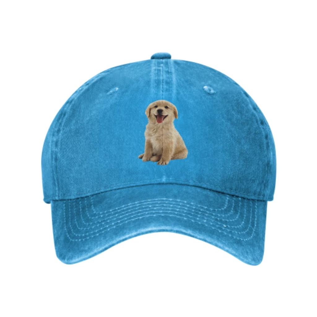 Cute Golden Retriever Puppy Graphic Washed Denim Baseball Cap Adjustable Casual Outdoor Hat