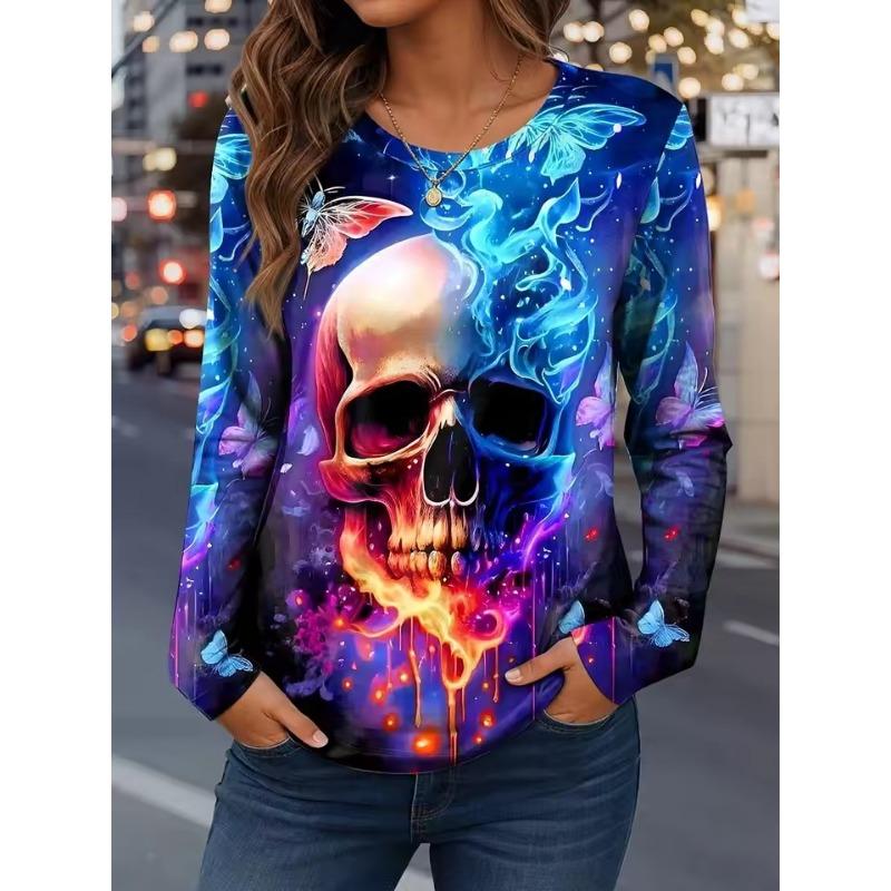 Autumn Halloween Women's Long Sleeve T-Shirt Fun Skull Pumpkin 3D Printed Round Neck Polyester Everyday Casual Shirt