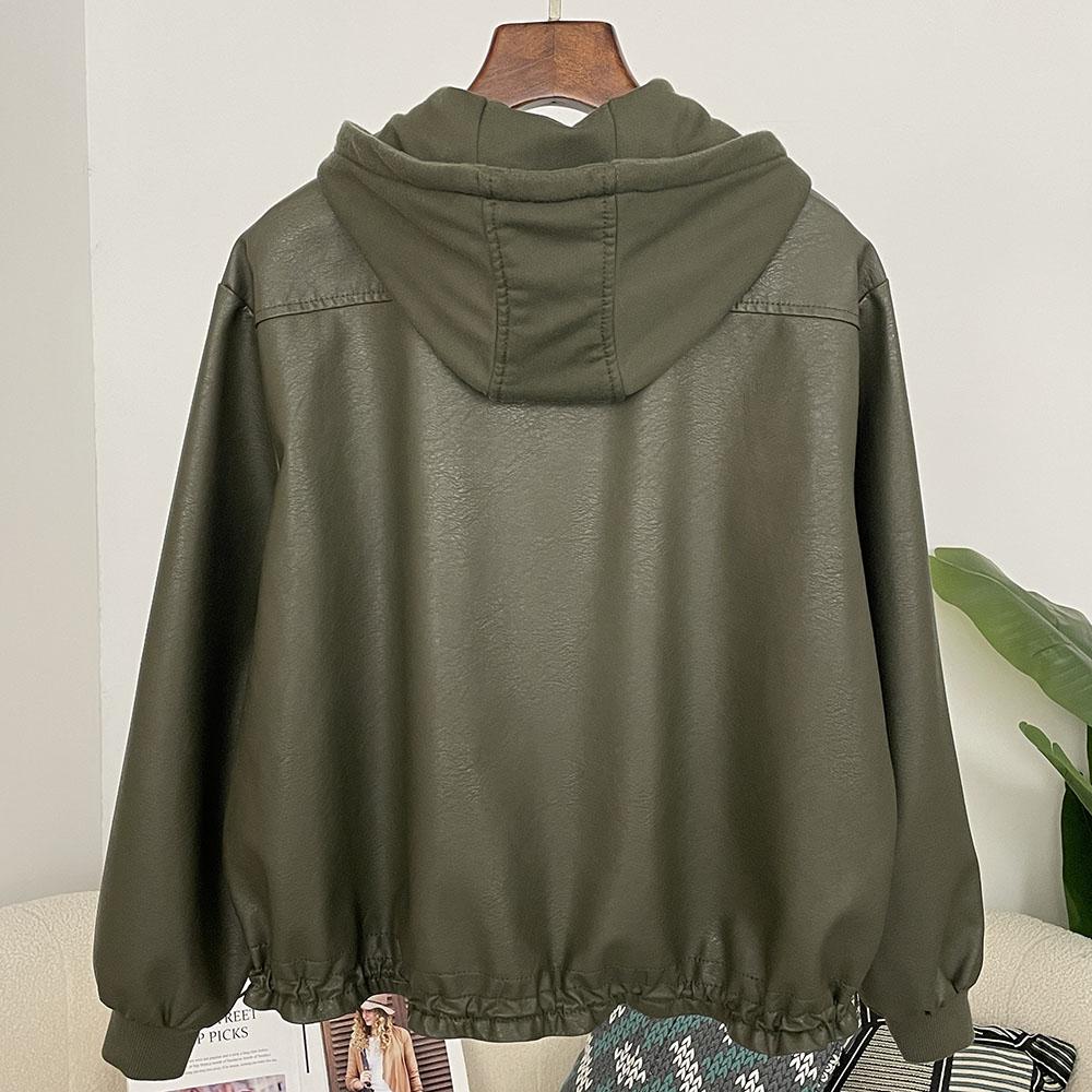 OFTBUY Damen Kapuzenjacke Vintage Locker Pu Kunstleder Hut Kurze Jacke Lässig Motorradjacke Damen Reißverschluss Retro Moto Biker Mantel Oberbekleidung Tops