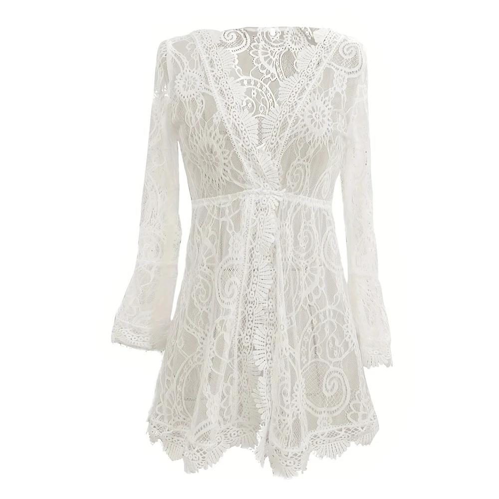 Solid Color V-neck Lace Dress, Vacation Style Flare Sleeve Cover Up Beach Wear Dress For Summer, Women's Clothing