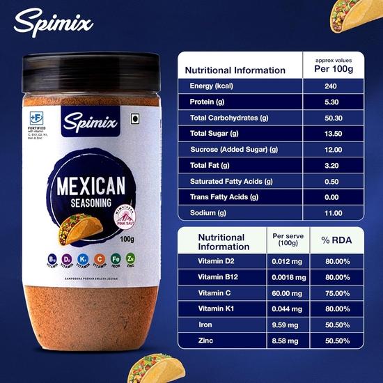 SPIMIX Mexican Seasoning | 100g |Made Healthier with Vitamin B12 & D | Zesty Spice Blend for Tacos, Nachos, Mexican Rice, Salsa & More
