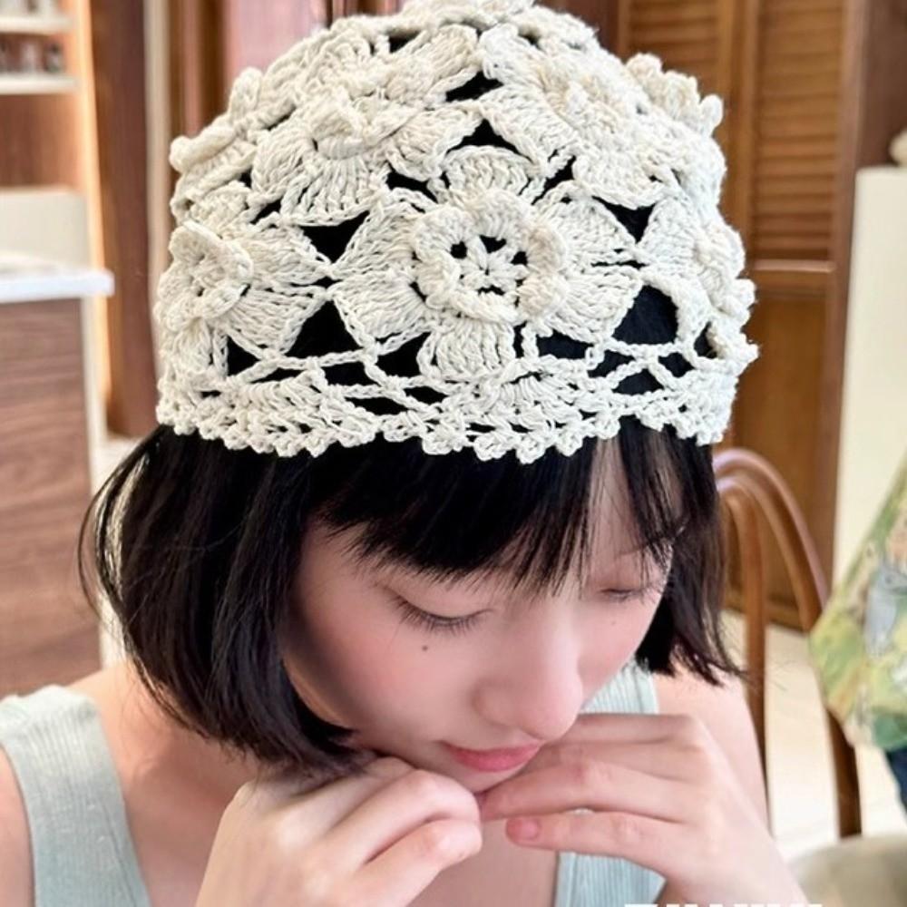 Bohemian Style Hollowed Out Beanie Cap Handmade Woven Cap Retro Crochet Flower Knitted Hat  Outdoor