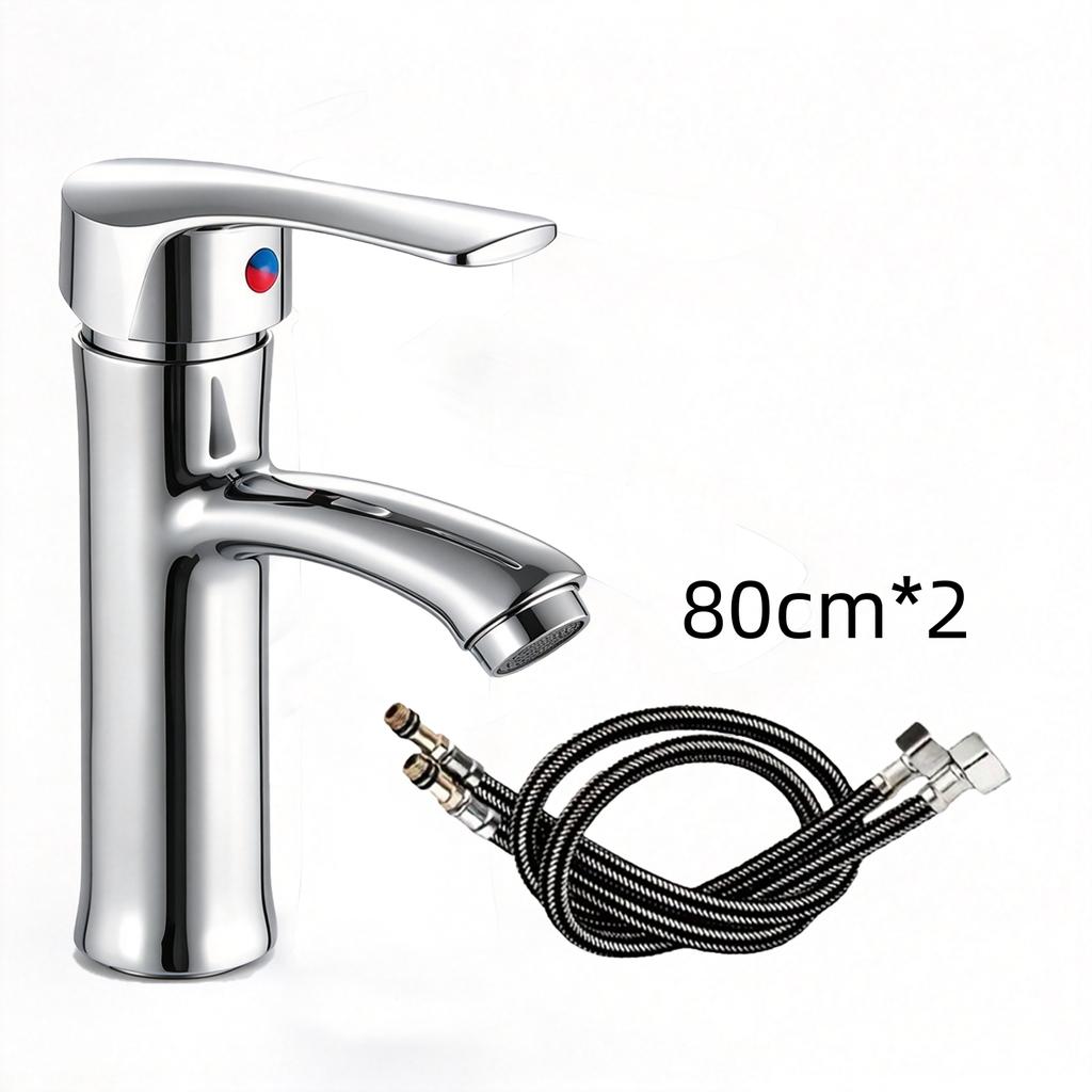 Single Hole Single Lever Lavatory Water Tap Polished Chrome Hot/Cold Mixer Faucet with 2 Water Hoses