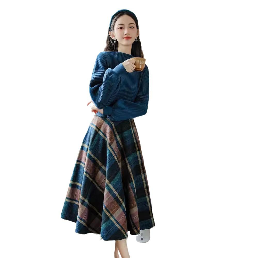 Autumn Blue Plaid Midi Skirt & Sweater Retro Set in Hong Kong Style