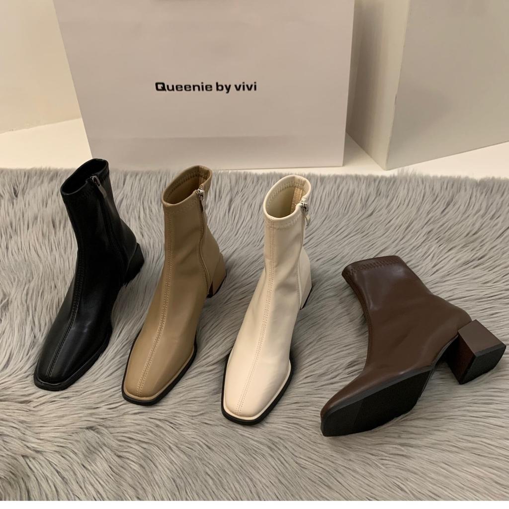 Sense High Heels White Martin Short Boots French Small Ankle Boots Spring and Summer Velvet New Thin Boots Women's Boots