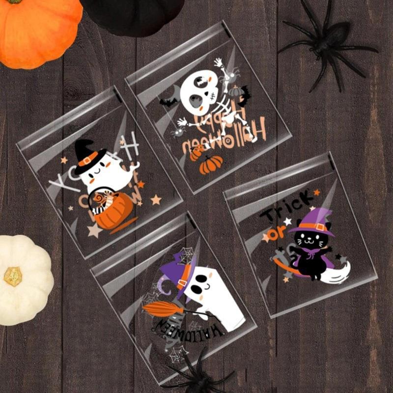 100pcs Halloween Candy Bag Self-adhesive Plastic Treat Bags for Cookie Snack Gift Clear Bags Set for Halloween Party