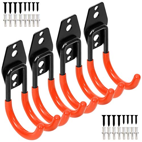 Wall Mount Heavy Duty Double J Hook for Garage Storage: 4 Pack Orange 2.8 Inch Steel Utility Hooks with Anti-Slip PVC Coating 65 LB Load Capacity for