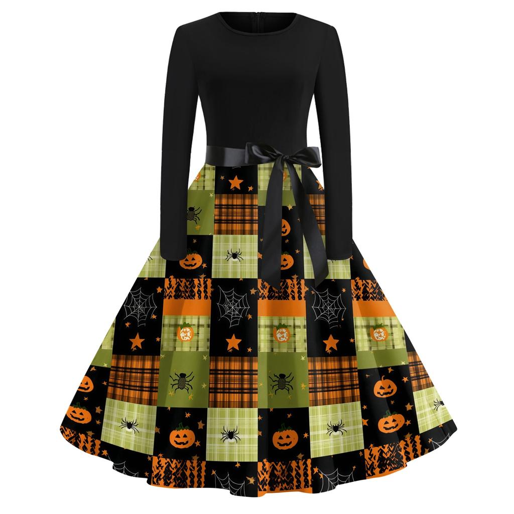 Women's Casual Halloween Print Vintage Round Neck Long Sleeve Dress Retro Fit and Flare Style with Waist Tie and Unique Pumpkin Pattern