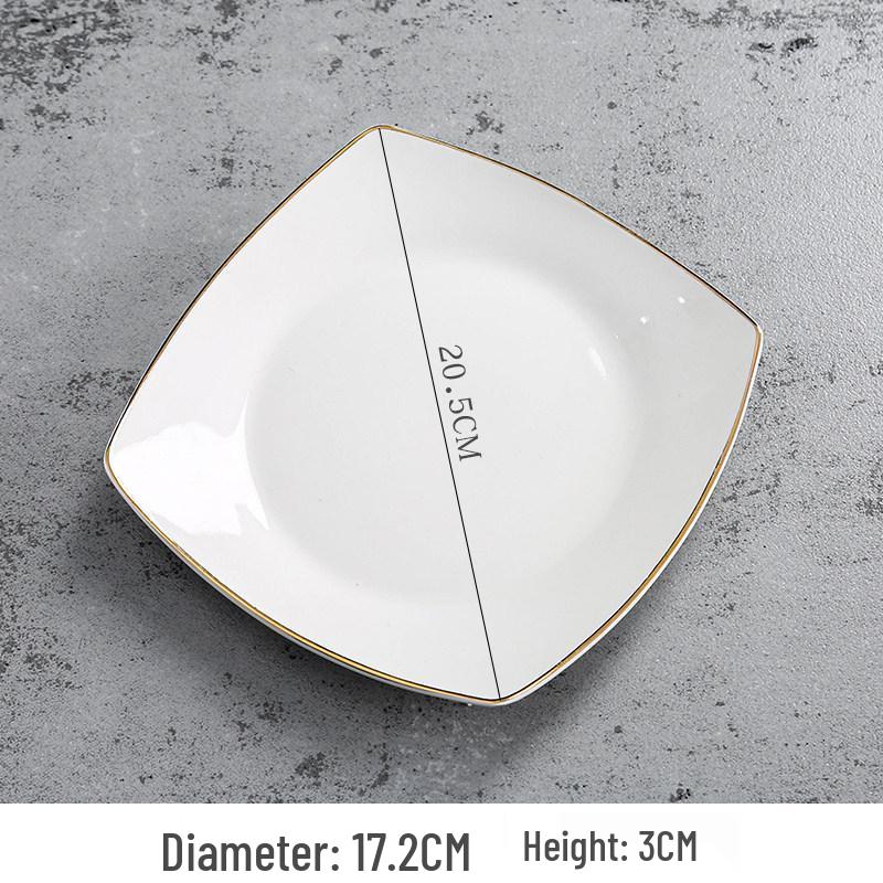 Gold-Rimmed White Ceramic Square Plate for Home: Dinner, Steak, Pasta, Dessert, Flat, or Shallow Use
