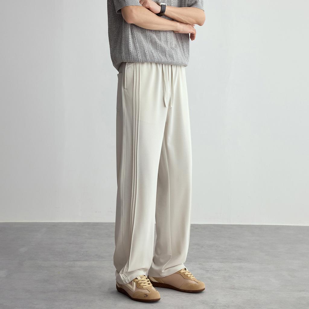 American Fashion Trendy Brand Side Pleated Design Casual Pants Men's Loose Wide Legs Drape Straight Ice Silk Trousers