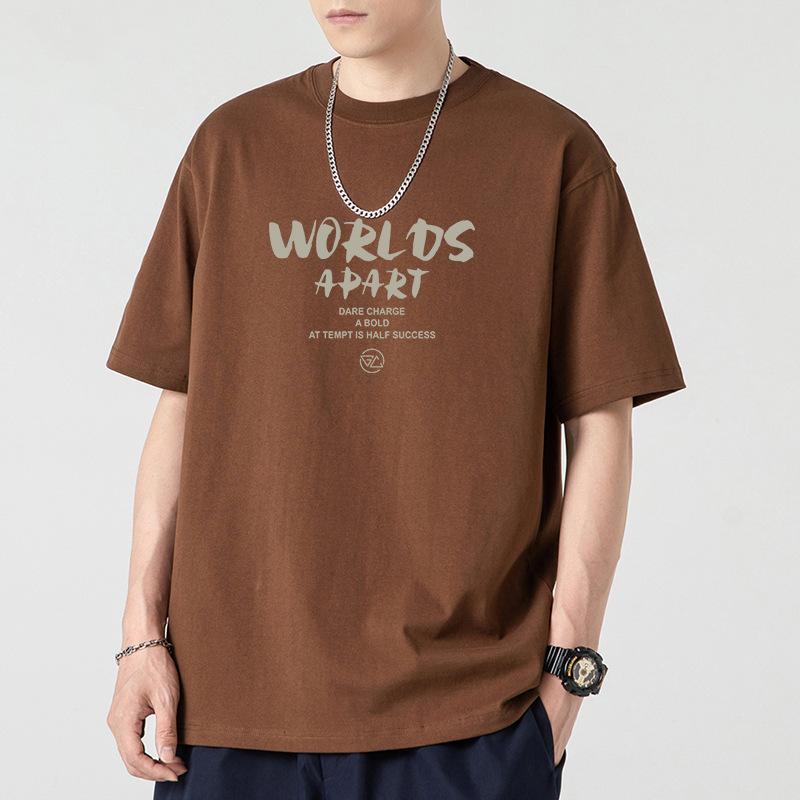 Herren Oversized Khaki T-Shirt - "WORLDS APART" Letter Print Lässiges Streetwear Top