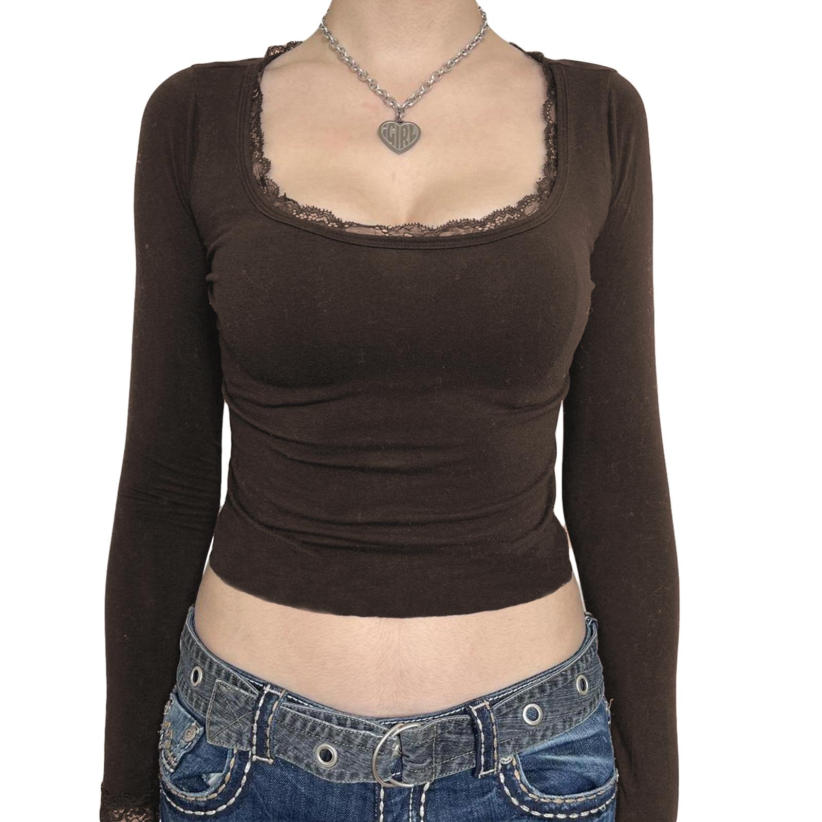 

Женские короткие футболки с кружевной отделкой, рубашки с длинным рукавом и круглым вырезом, весенне-осенние облегающие топы, уличная одежда S темно-коричневого