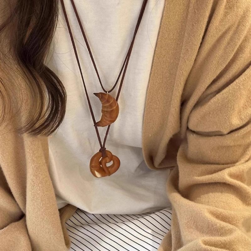 Multipurpose Artistics Bread Charm Necklace Featuring Wreath Bagel and Smiling Pretzel Miniatures Fashion Accessory