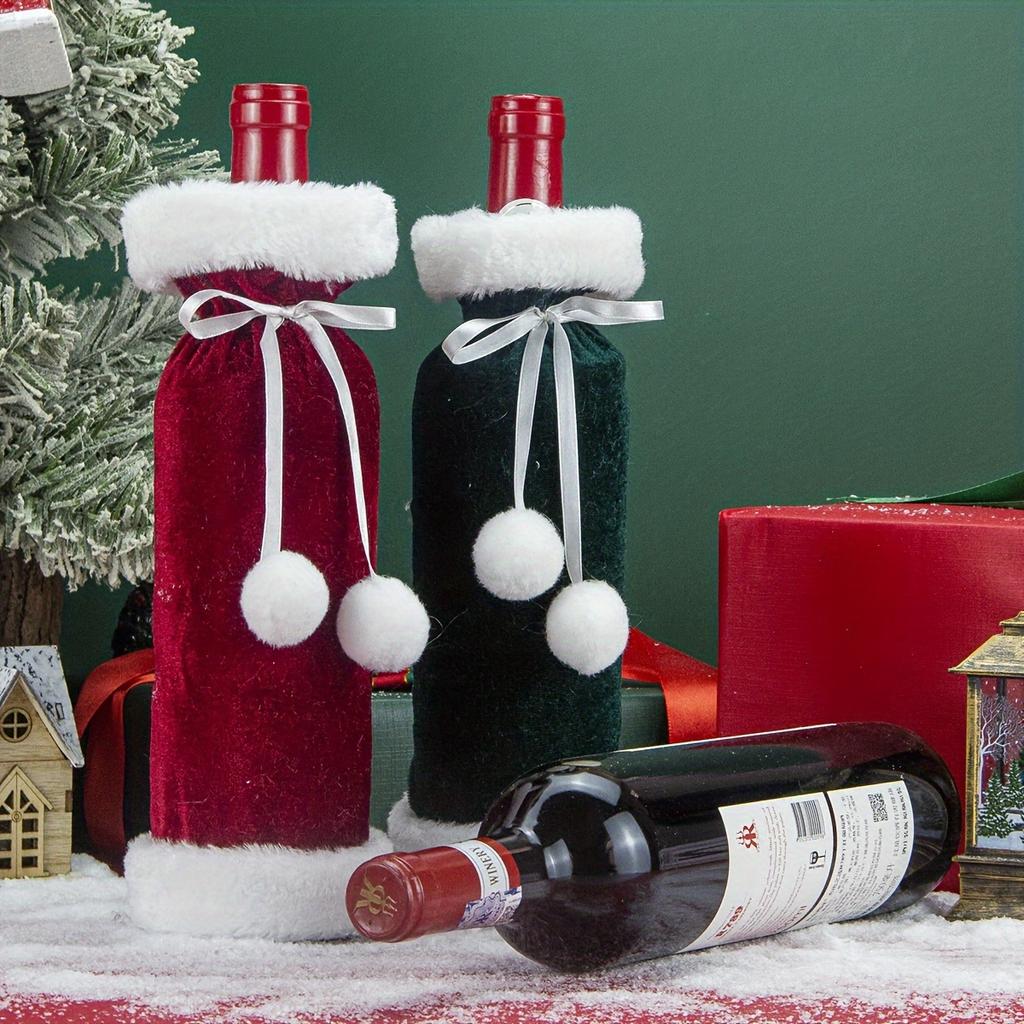 1/2pcs Christmas Wine Bottle Covers with Santa Hats,Tableware for Dining Room Decor, Holiday Table Wine Bottle Cover Wine Bags