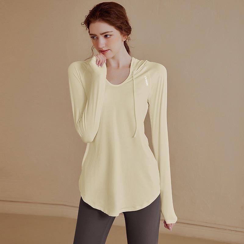 Abbigliamento da yoga a maniche lunghe con cappuccio sottile da donna, per sport all'aria aperta, jogging, top largo per il tempo libero, traspirante, ad asciugatura rapida, tinta unita