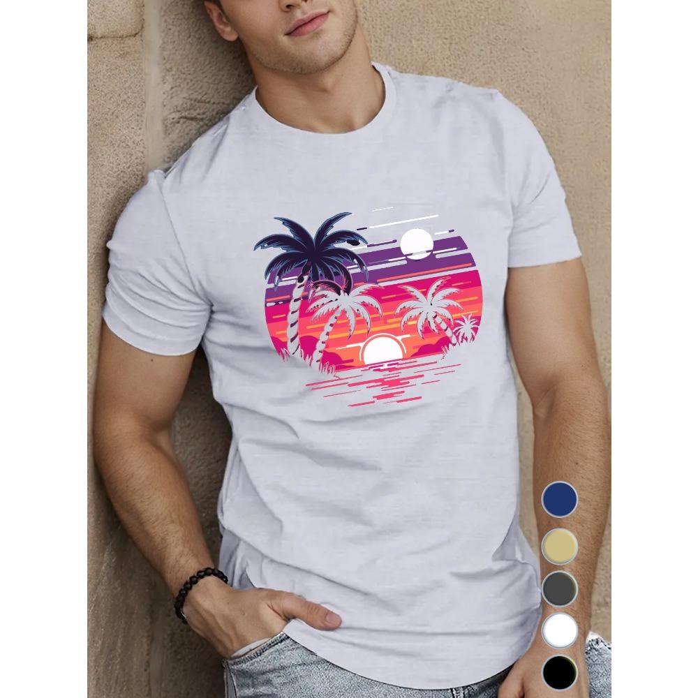European Sizes Men's Polyester Geometric-Pattern Tropical Sunset and Palm Trees Graphic T-Shirt - Crew Neck, Regular Fit, Knit Fabric C
