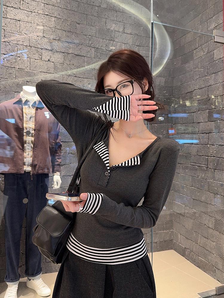 Women's Striped Patchwork Faux Two-Piece Long-Sleeve Shirt - 2025 Autumn Korean Style Slimming Base Layer