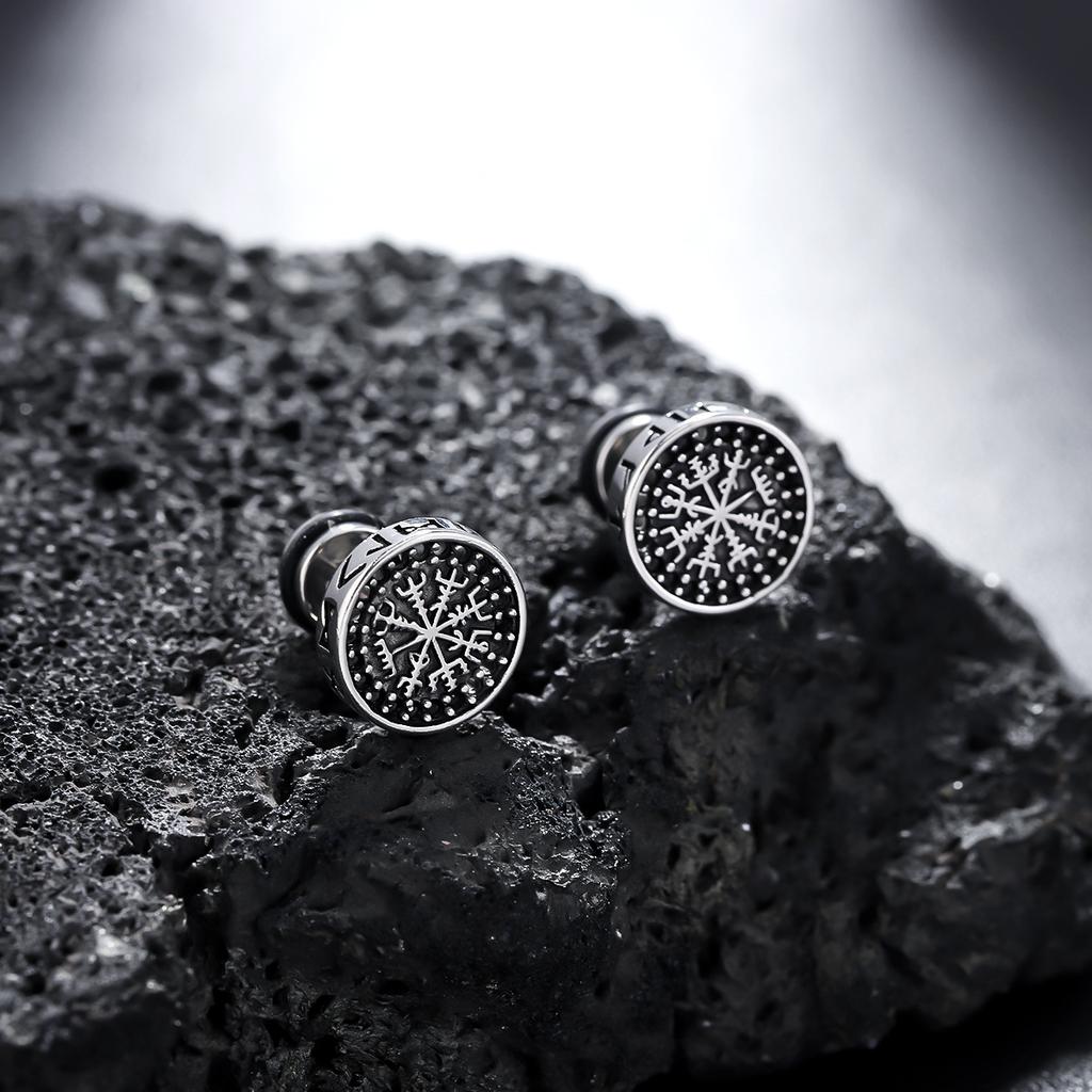 Punk Personality Stainless Steel Engraved Skull Nordic Compass Rune Pattern Stud Earrings for Men Women Does Not Fade Jewelry