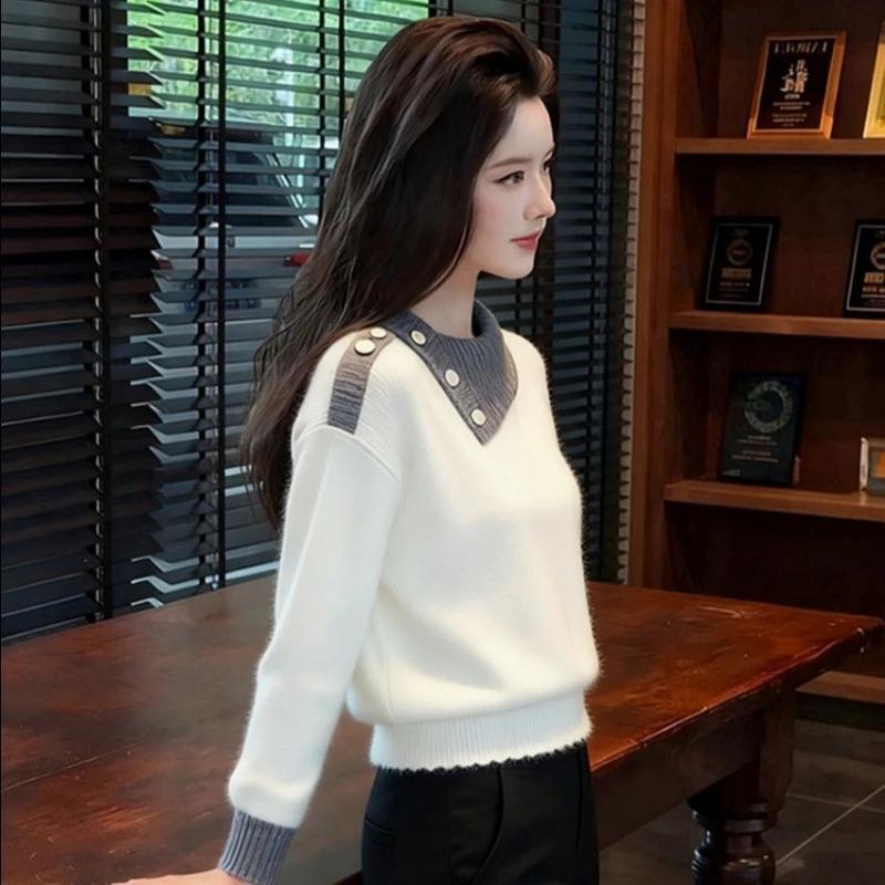 High-end Contrasting Color Warm Sweater Women's Short Autumn and Winter Lapel New Fashion Style Versatile Top