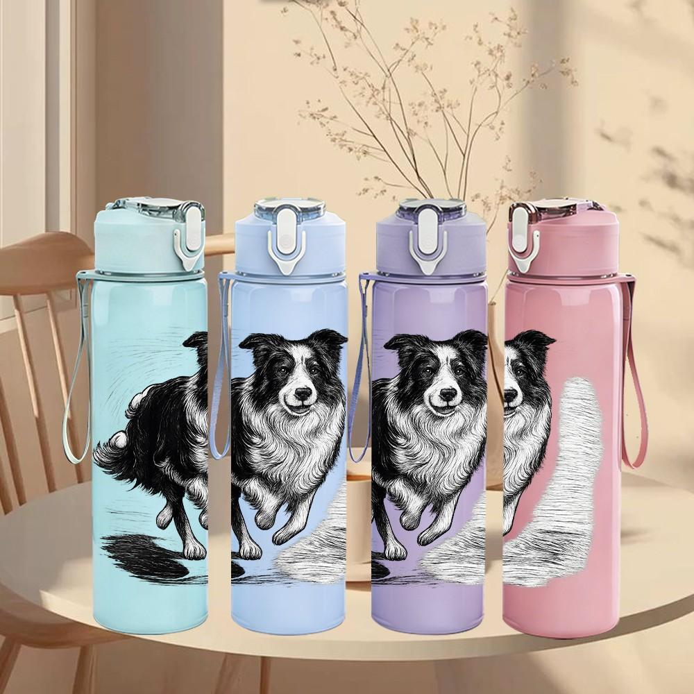 1PC Black White Border Collie Dog Print 750ml Color Plastic Sports Water Bottle Leakproof Flip Straw Lid Suitable for Sports Office Home Use