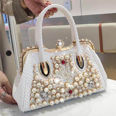Luxusní Módní Značka Pearl Dámská Kabelka Nová Kožená Diamond Shoudler Crossbody Večerní taška Přenosné kamínkové tašky se zámkem