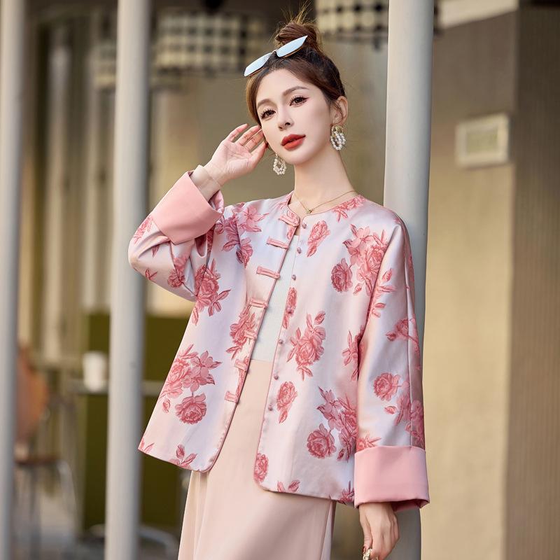 Women's 2025 Spring Floral Frog Button Jacket - Round Neck, Loose Fit, Chinese National Style