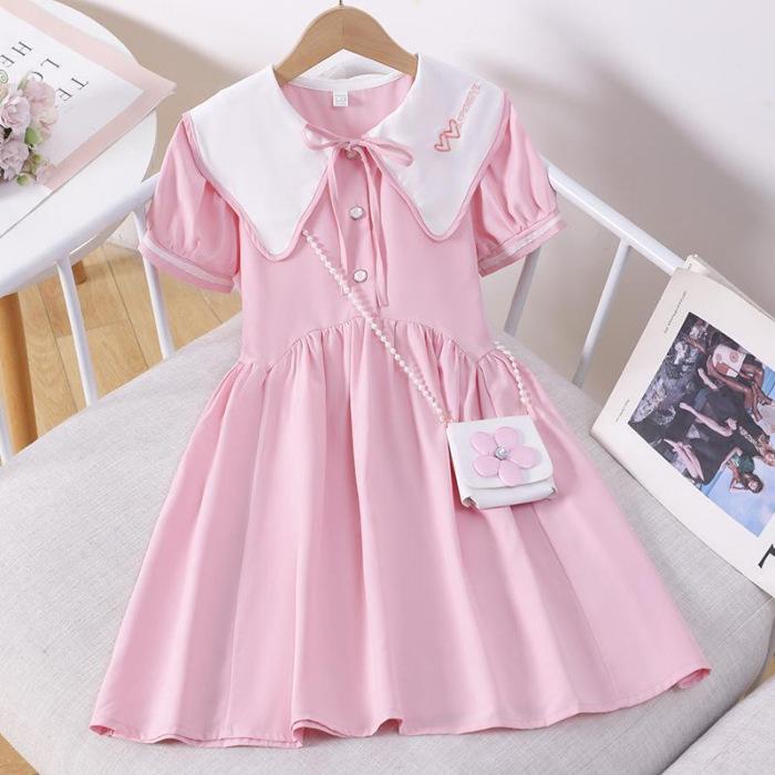 

Летнее платье для девочек с воротником Питер Пэн - Корейский стиль 2025 года для девочек младшего и старшего возраста 130cm