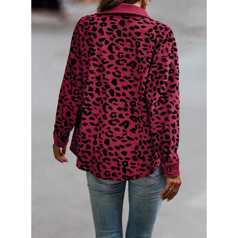 Women S Corduroy Leopard Print Button Long Sleeve Jacket
